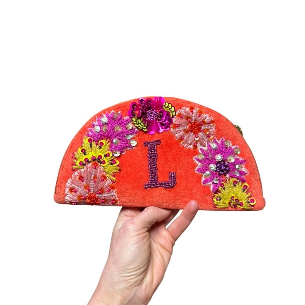 Anthropologie Anna Harlow Russo Orange "L" L Monogram Crescent Pouch NWOT